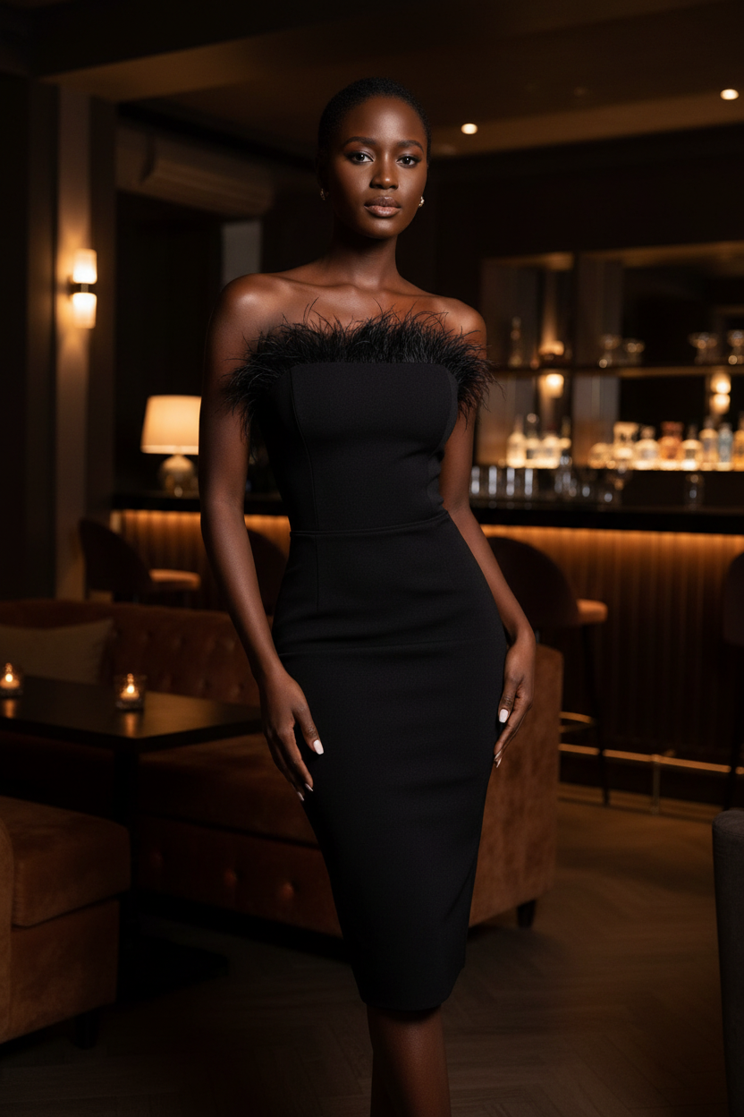 Feather Trim Strapless Bandage Midi Dress | Bodycon