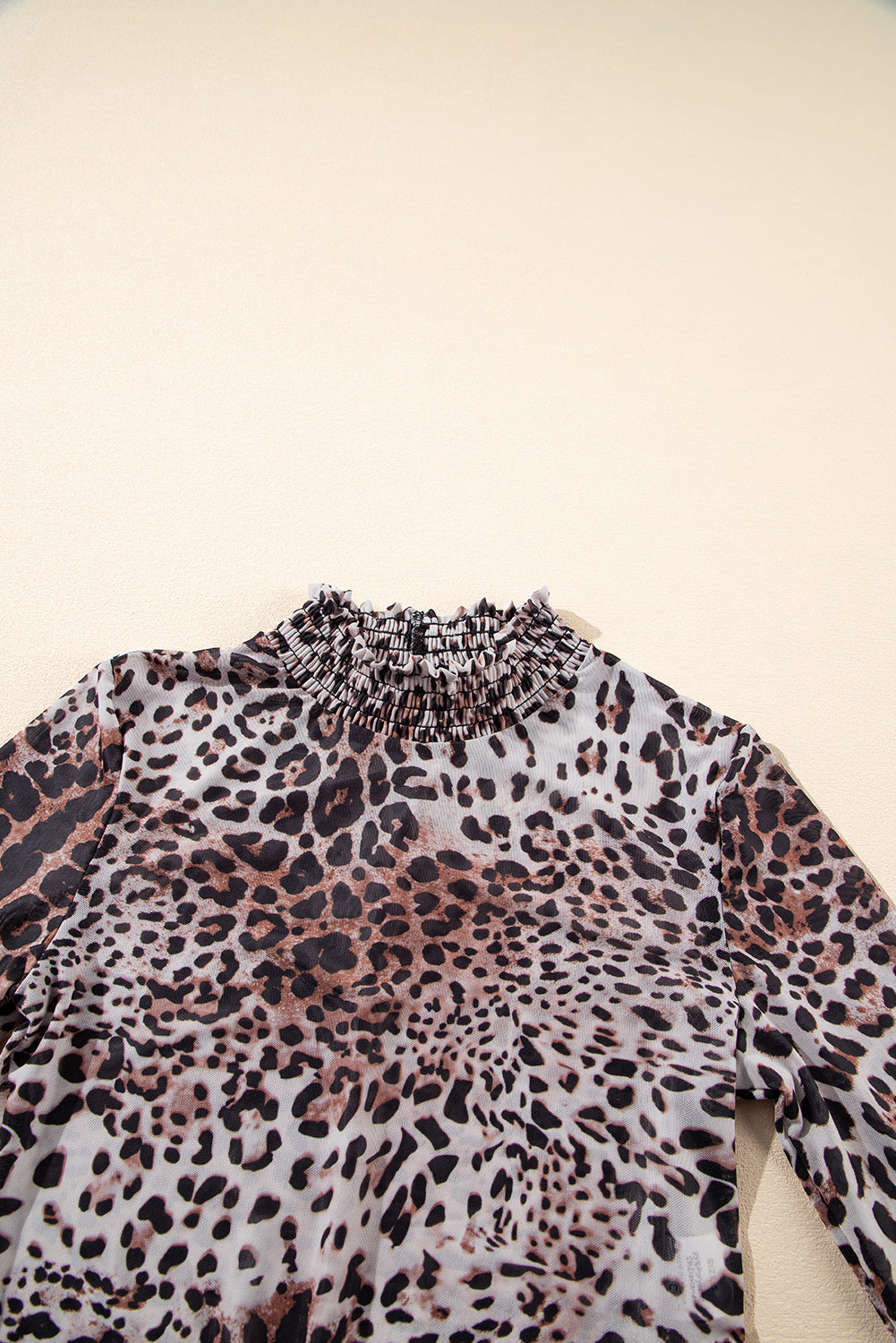 Sheer Mesh Leopard Smocked Mock Neck Bodysuit
