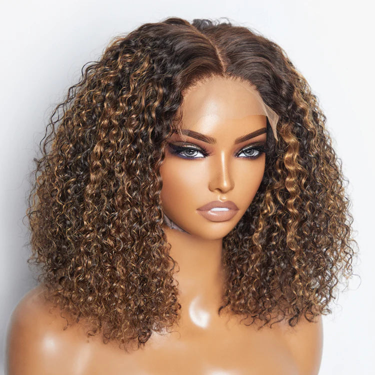 14 Inch P4/27 Kinky Curly 5x5 Lace Closure Wig | Honey Highlight 150% Density
