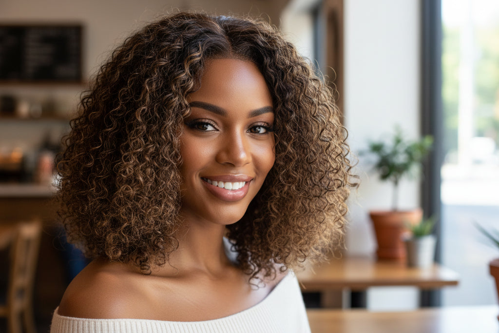 14 Inch P4/27 Kinky Curly 5x5 Lace Closure Wig | Honey Highlight 150% Density