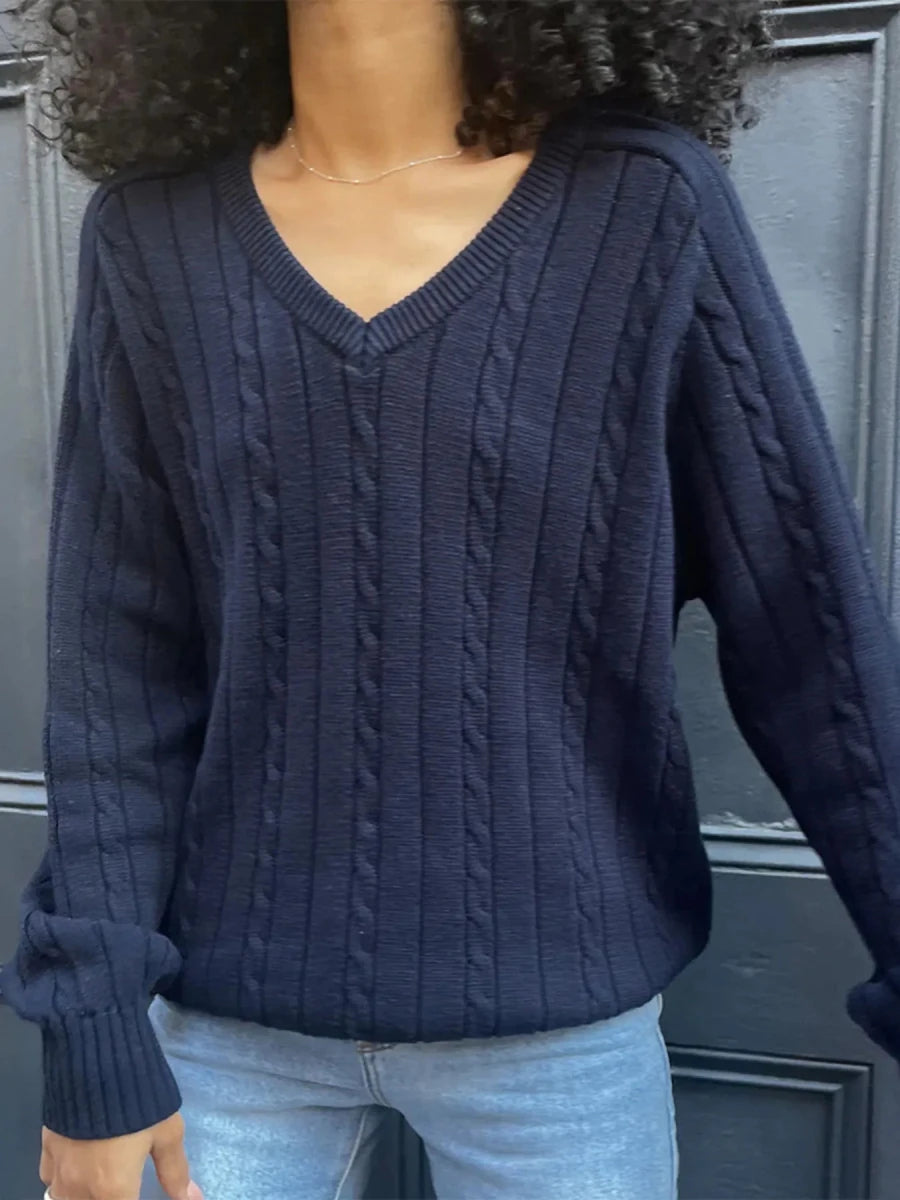 Cable Knit V - Neck Pullover Sweater - The PM Edit