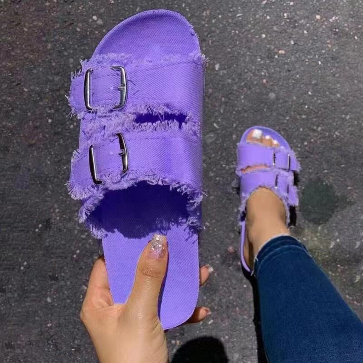 Frayed Edge Buckle Flat Sandals | Boho Canvas Slides - The PM Edit