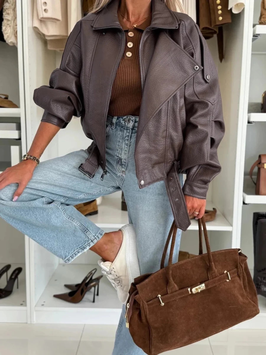 Oversized Zip-Up Faux Leather Moto Jacket - The PM Edit