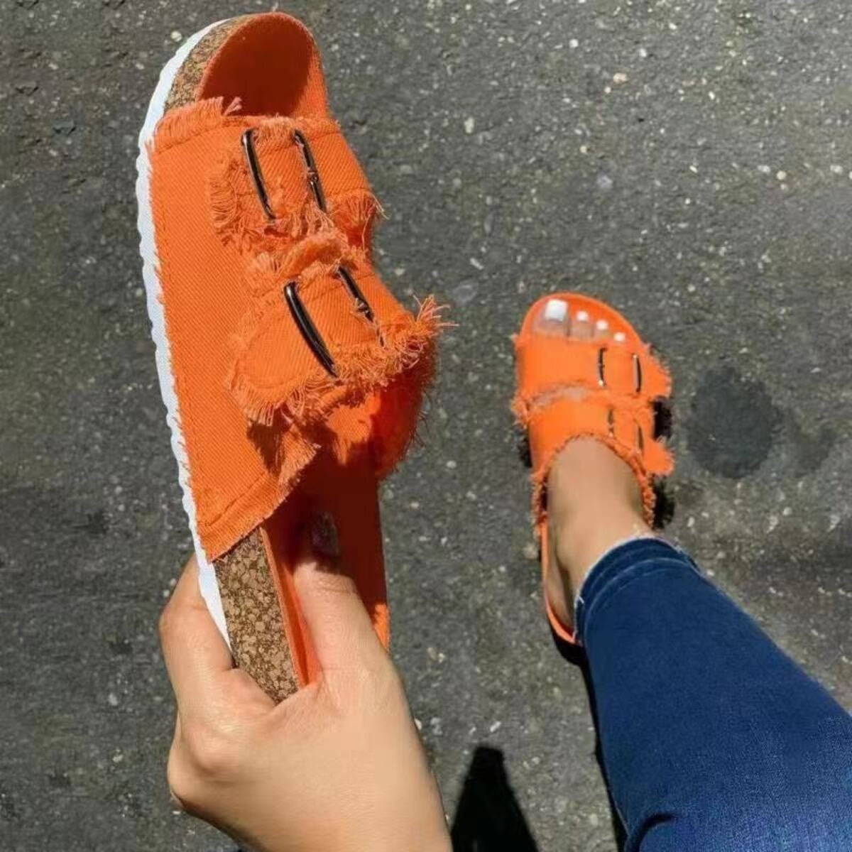 Frayed Edge Buckle Flat Sandals | Boho Canvas Slides - The PM Edit