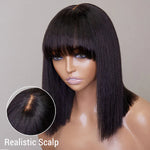 Load image into Gallery viewer, 12 Inch Realistic Yaki Straight Bob With Bangs 2x1 Minimalist Lace Wig 150% Density
