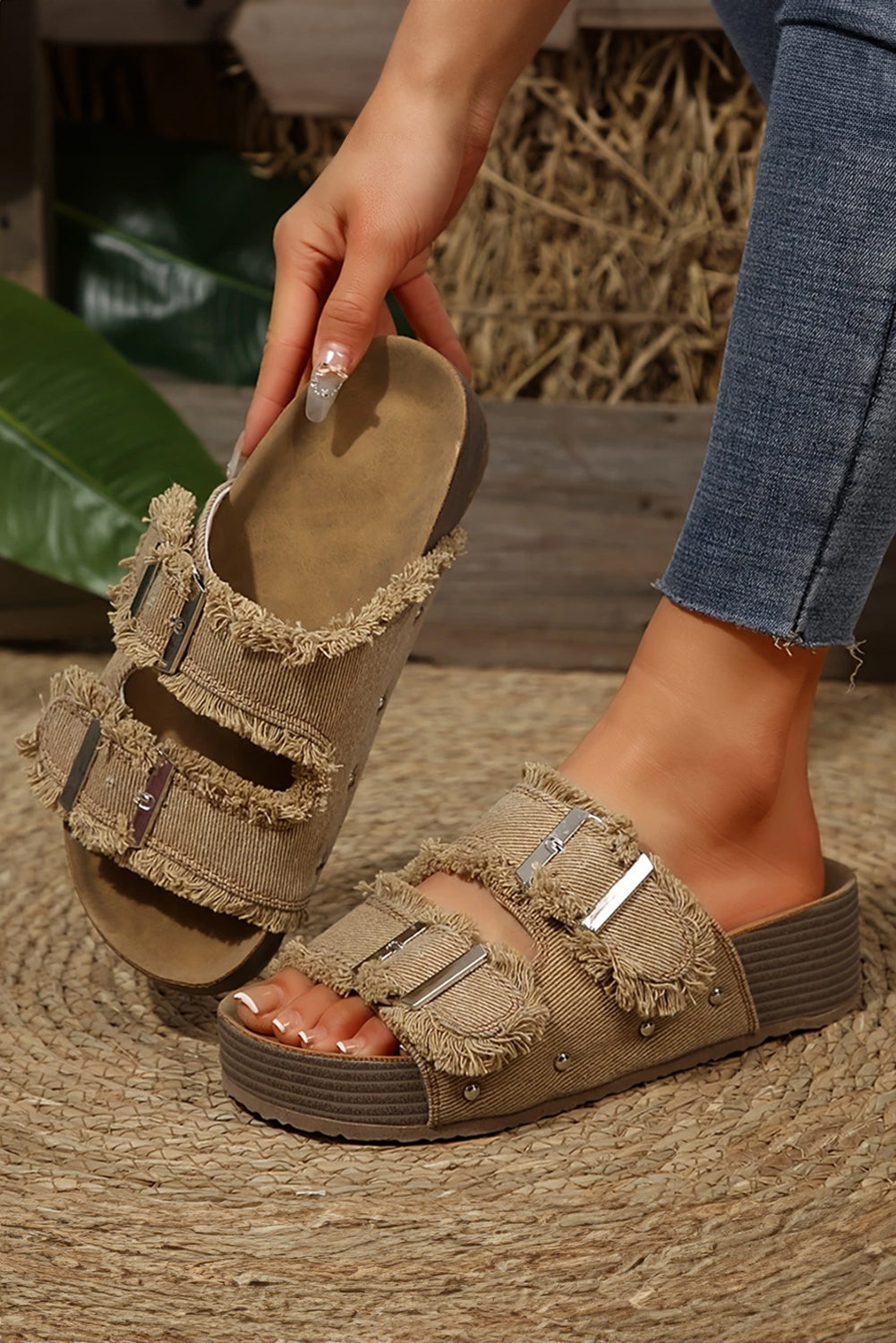 Frayed Denim Double Buckle Platform Slides | Boho Retro Sandals