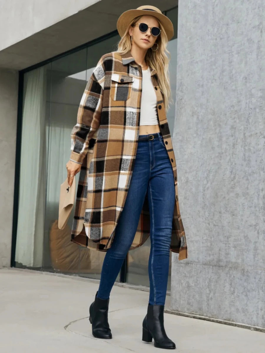 Plaid Pocketed Button Up Trench Coat - The PM Edit