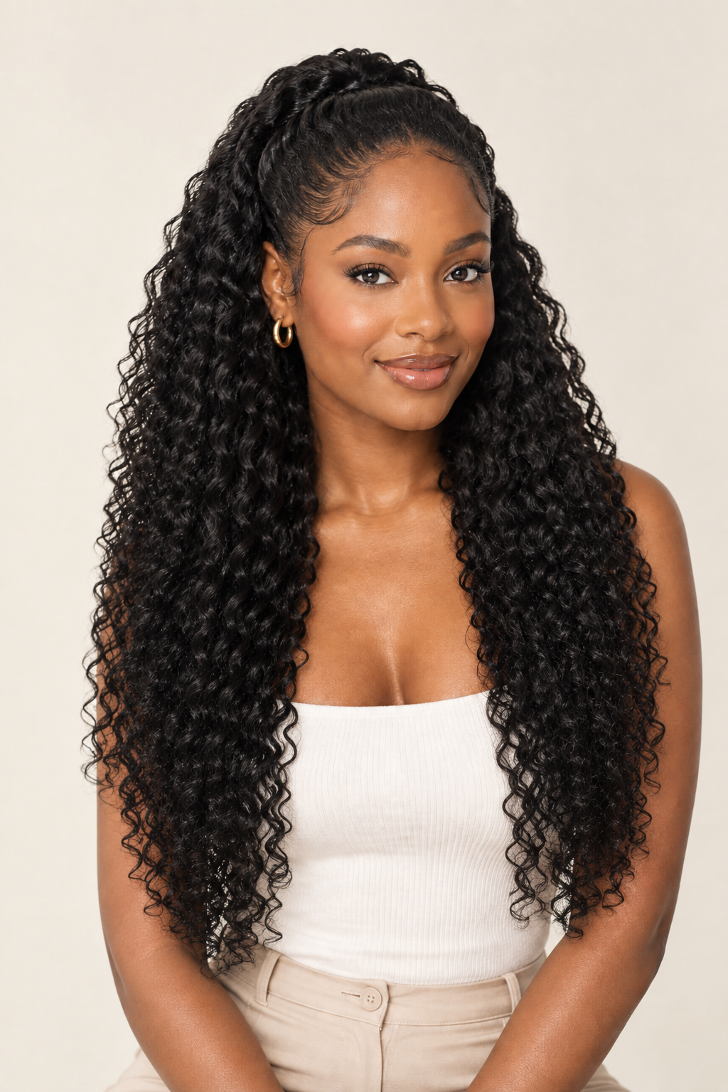 A woman with long, black, curly hair styled in a half-up high ponytail, wearing a white ribbed tank top and beige pants against a solid light beige background.