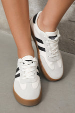 Load image into Gallery viewer, White Striped Lace Up Flat Sneakers
