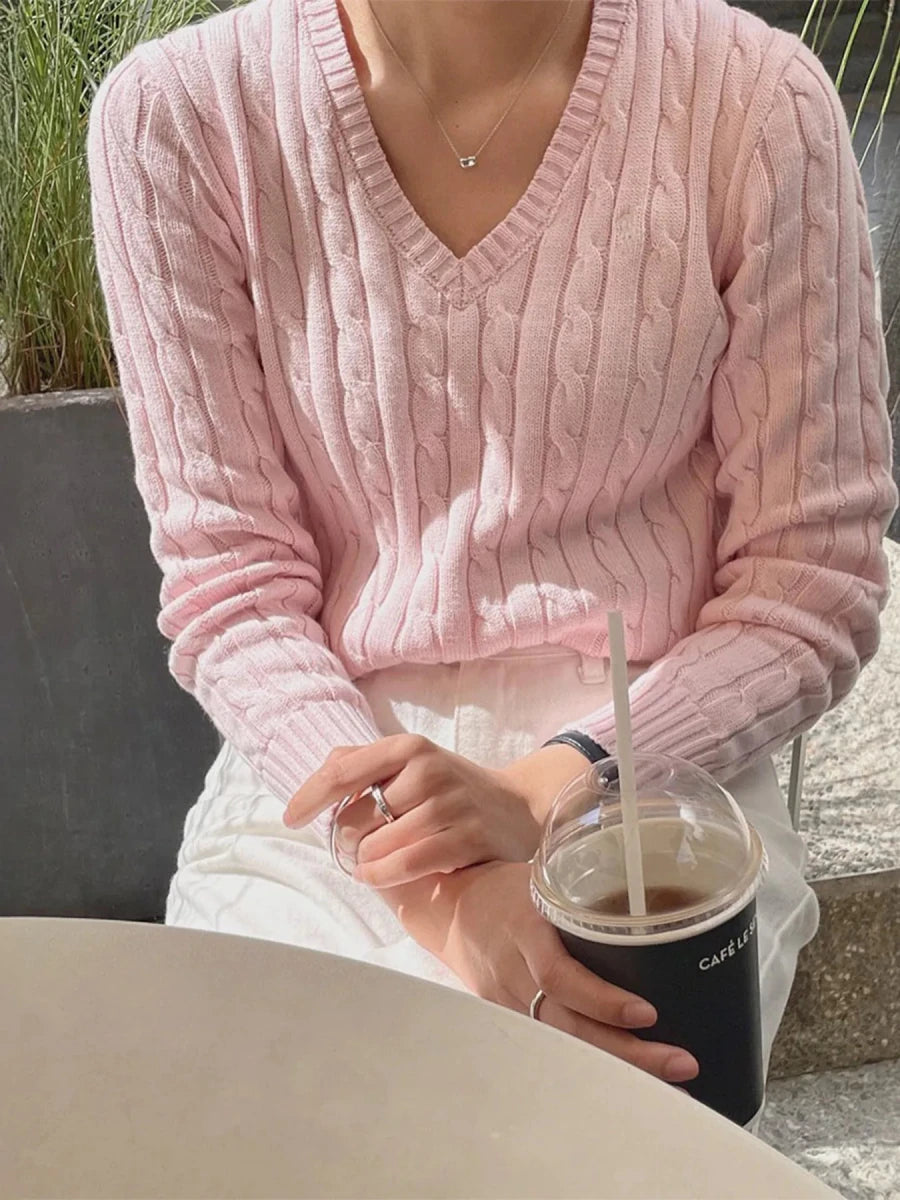 Cable Knit V - Neck Pullover Sweater - The PM Edit