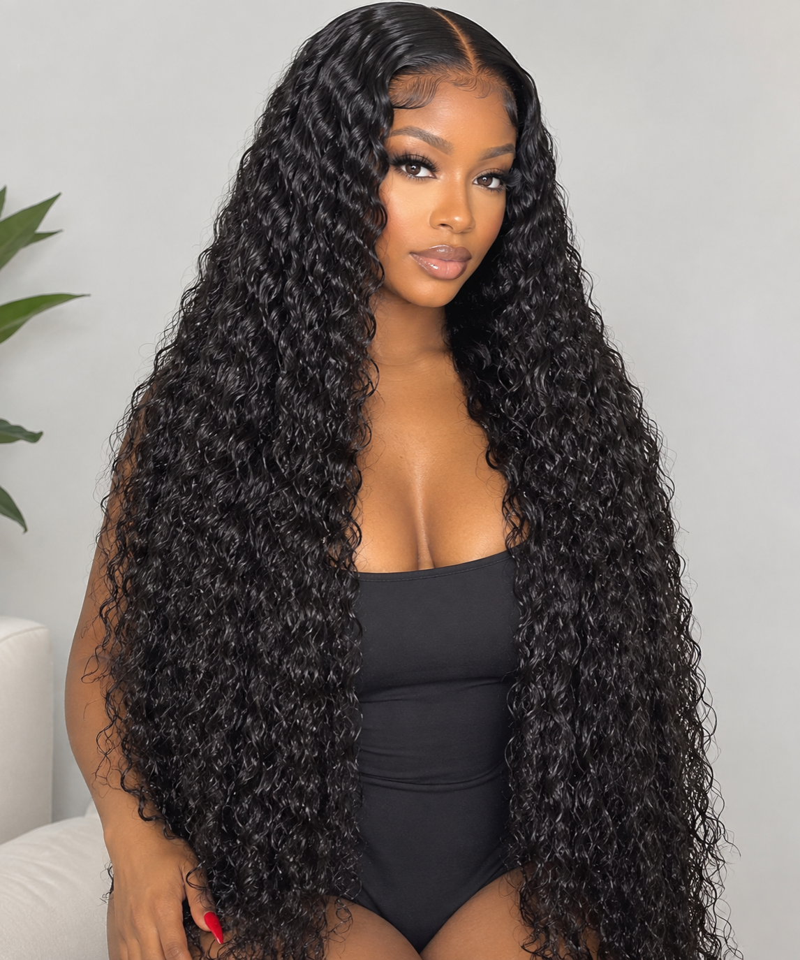 A woman modeling a long, straight black hair extension or wig with deep wave curls, wearing a black strapless top against a light gray background.