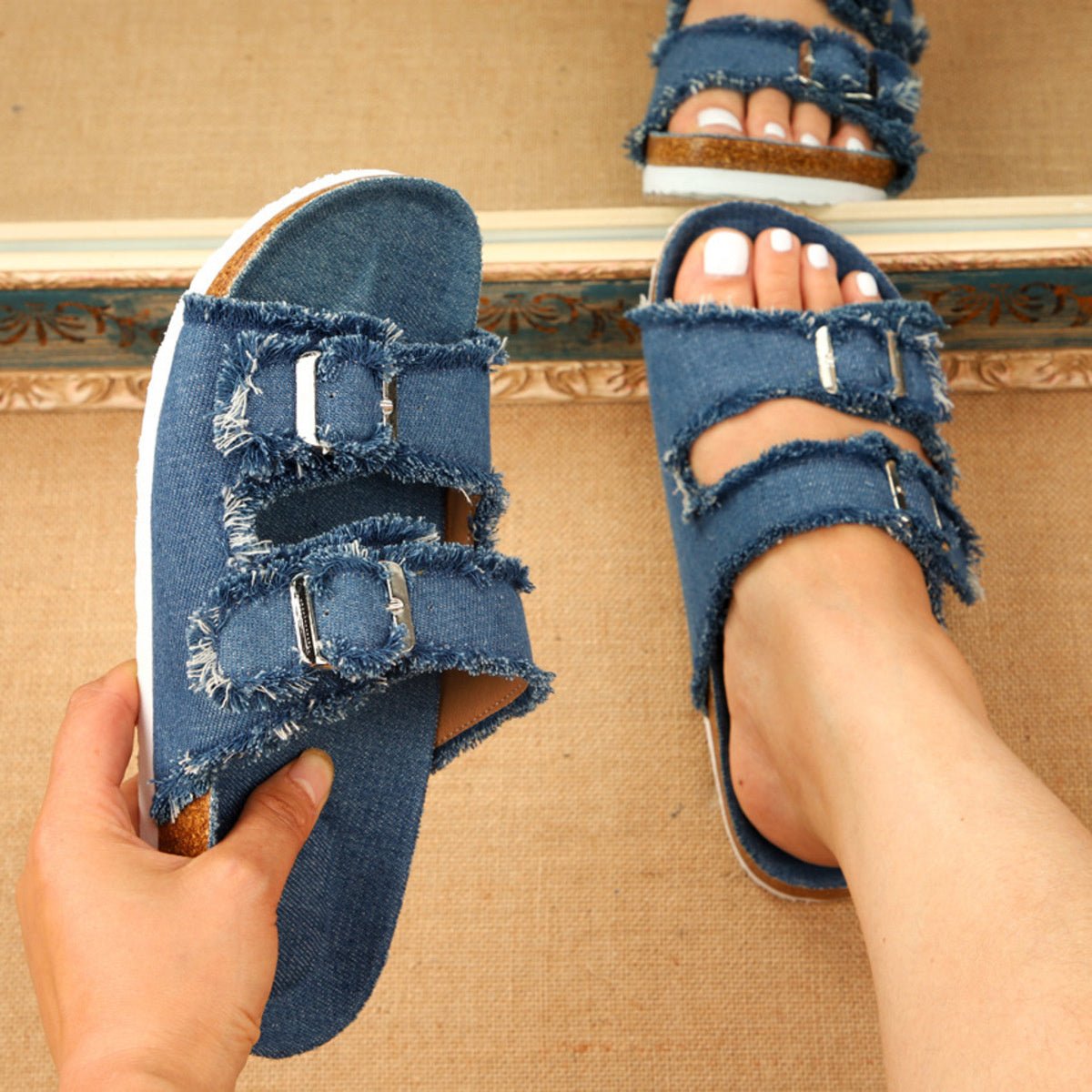 Frayed Edge Buckle Flat Sandals | Boho Canvas Slides - The PM Edit