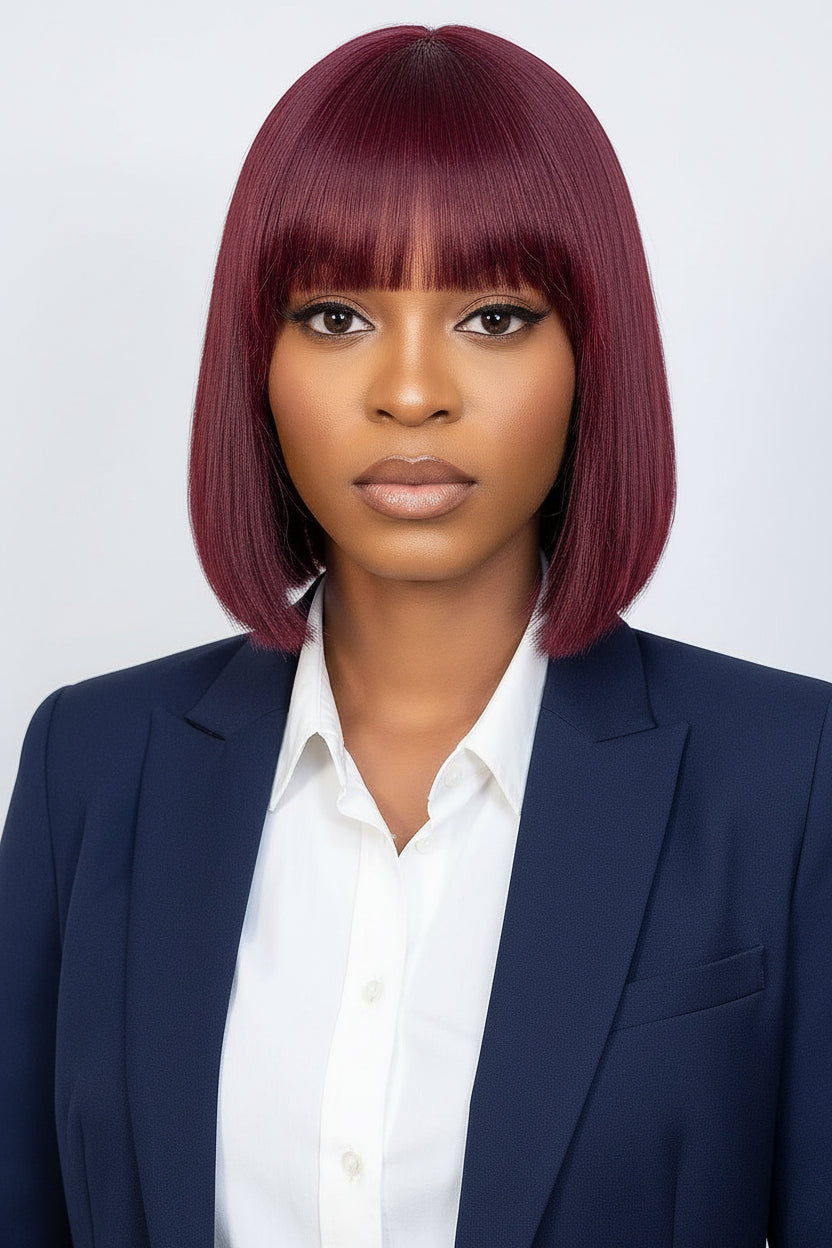 10 Inches Reddish Purple Layered Cut Yaki Straight #99J Lace Bob Wig With Bangs