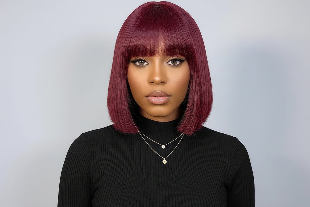 10 Inches Reddish Purple Layered Cut Yaki Straight #99J Lace Bob Wig With Bangs