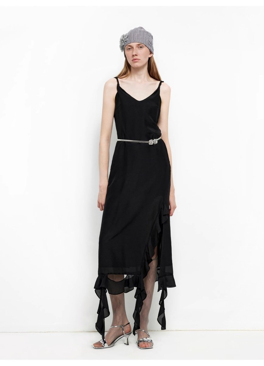 Silk V - Neck Ruffled Draped Twist Strap Summer Dress "Rosy Ombre" - The PM Edit