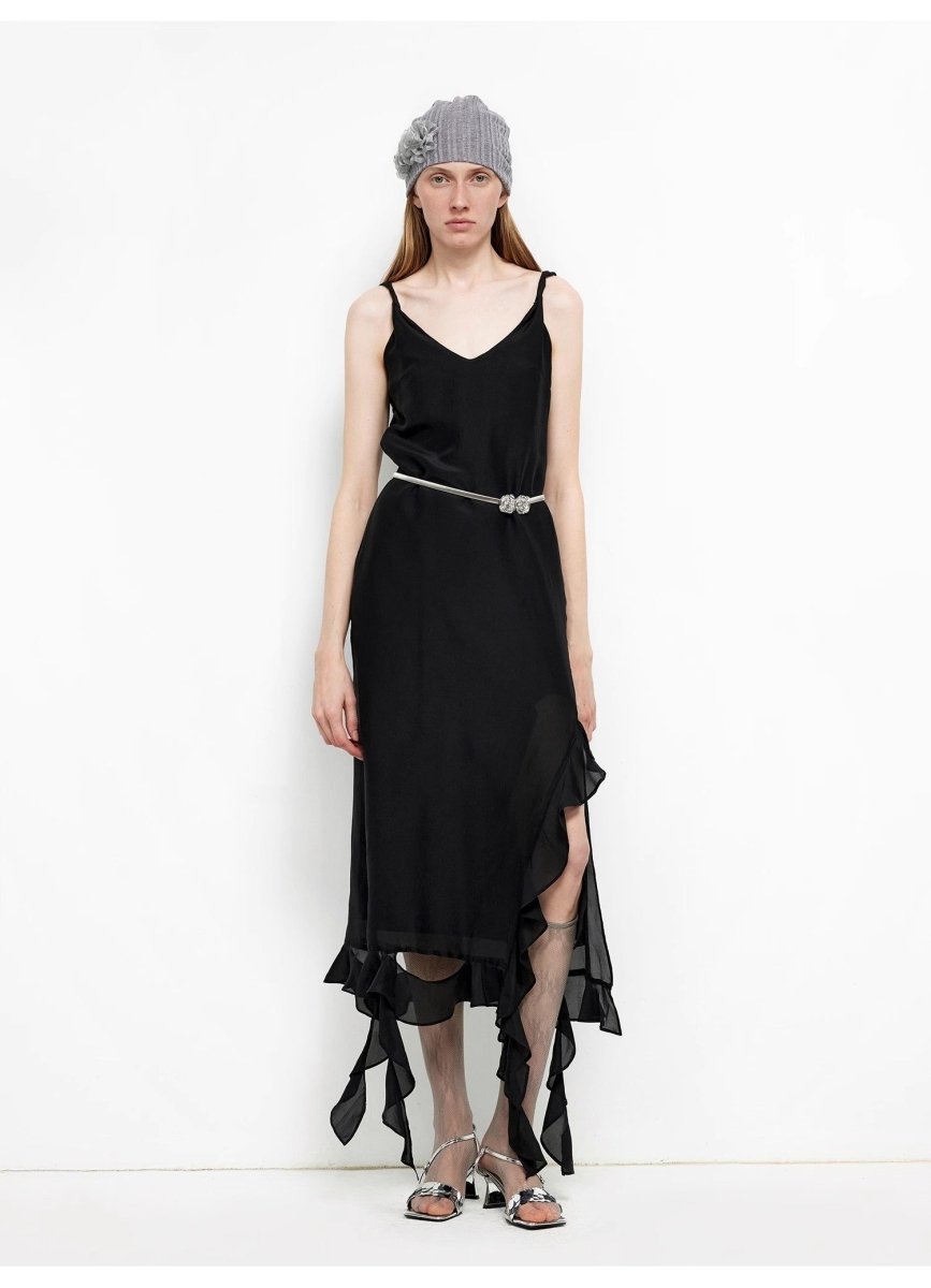 Silk V - Neck Ruffled Draped Twist Strap Summer Dress "Rosy Ombre" - The PM Edit