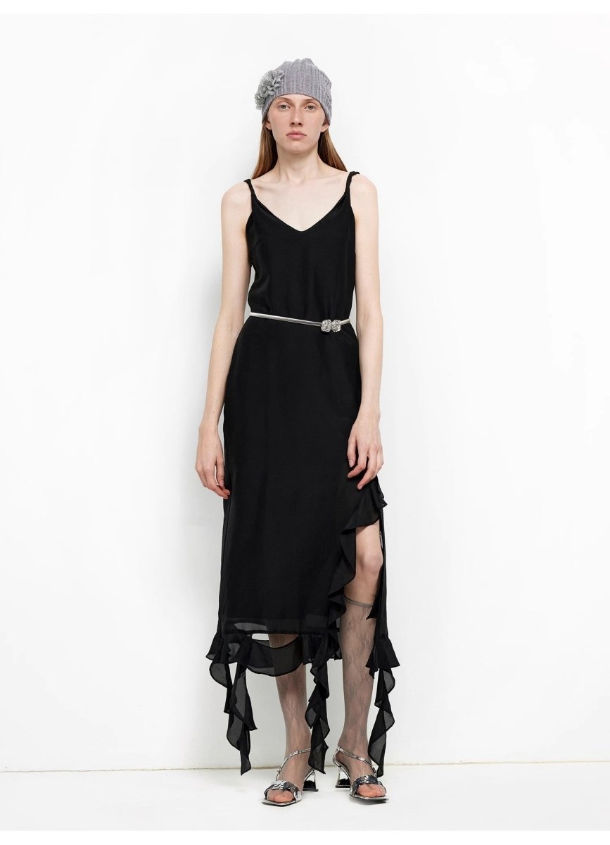 Silk V - Neck Ruffled Draped Twist Strap Summer Dress "Rosy Ombre" - The PM Edit