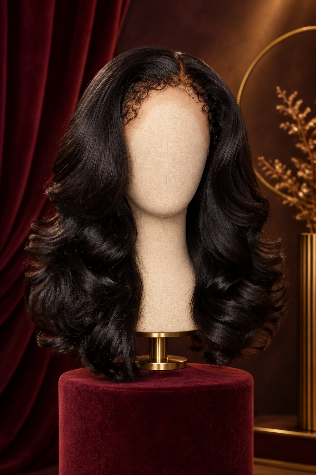 4C edges wig on burgundy velvet pedestal