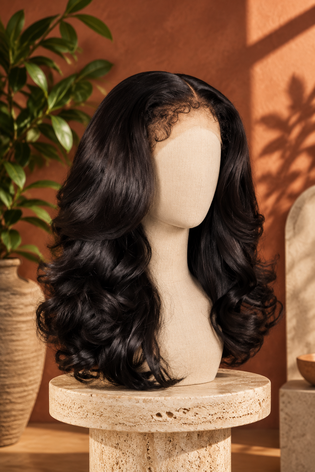 4C edges wig on travertine pedestal