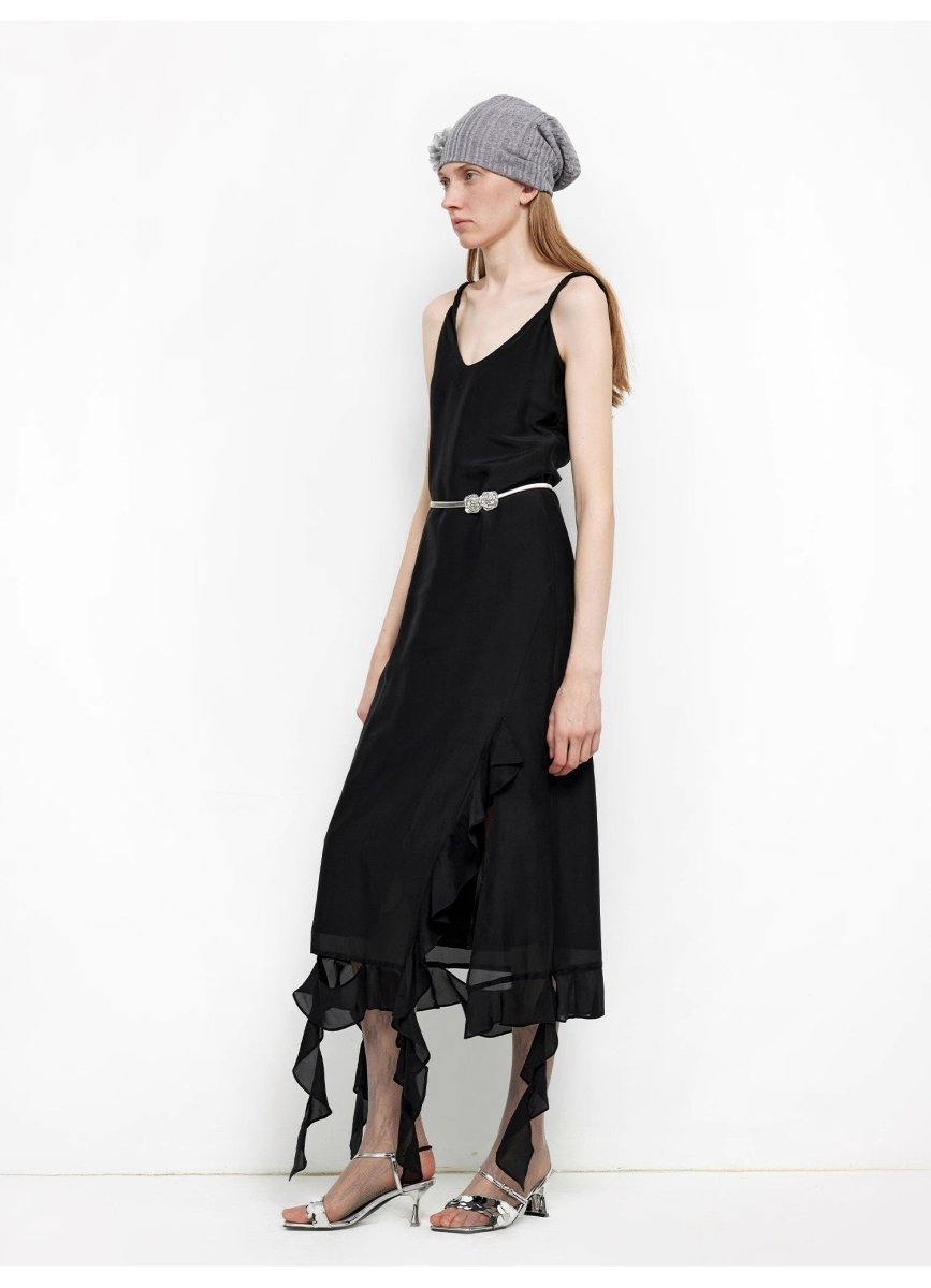 Silk V - Neck Ruffled Draped Twist Strap Summer Dress "Rosy Ombre" - The PM Edit