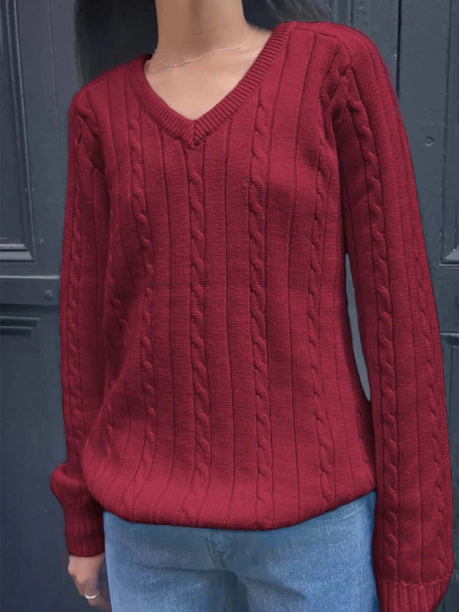 Cable Knit V - Neck Pullover Sweater - The PM Edit