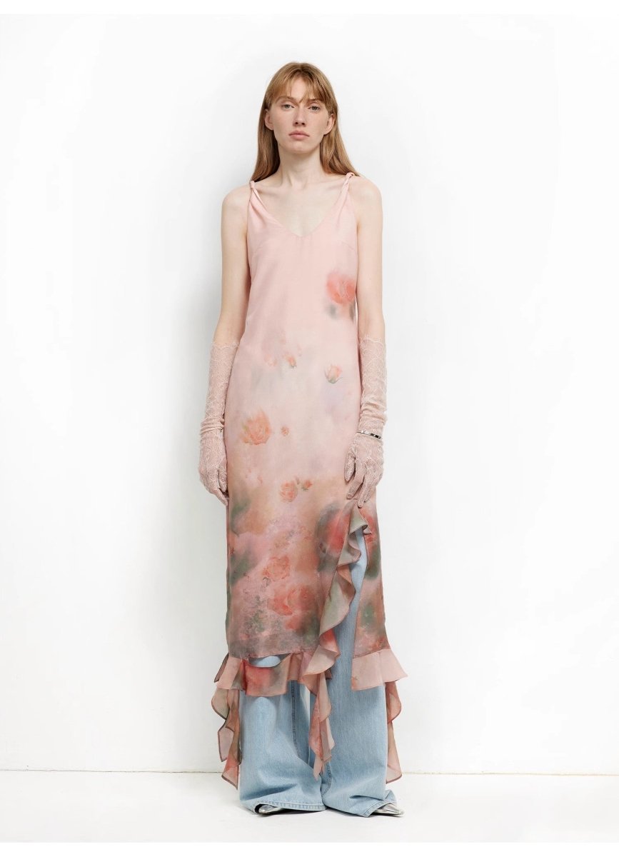 Silk V - Neck Ruffled Draped Twist Strap Summer Dress "Rosy Ombre" - The PM Edit