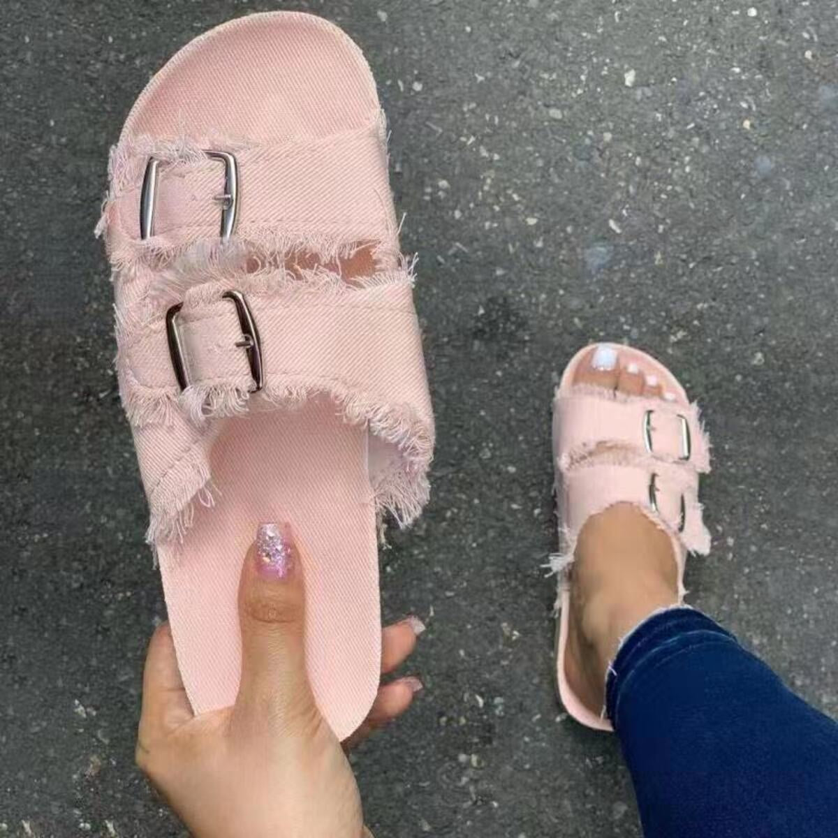 Frayed Edge Buckle Flat Sandals | Boho Canvas Slides - The PM Edit
