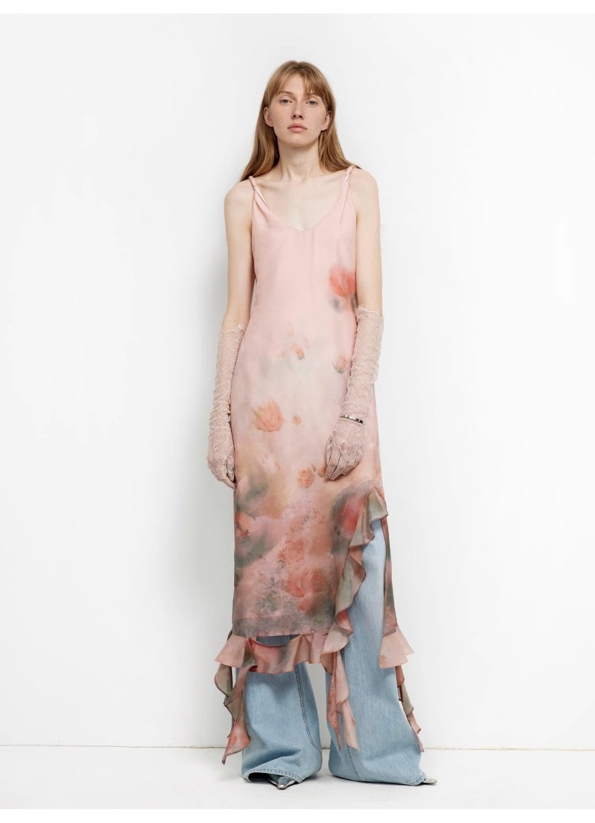 Silk V - Neck Ruffled Draped Twist Strap Summer Dress "Rosy Ombre" - The PM Edit