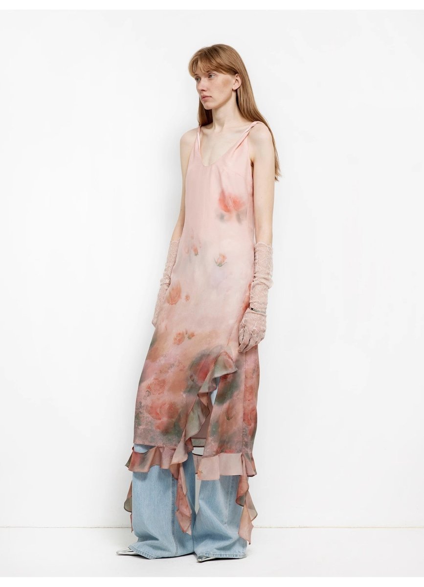 Silk V - Neck Ruffled Draped Twist Strap Summer Dress "Rosy Ombre" - The PM Edit