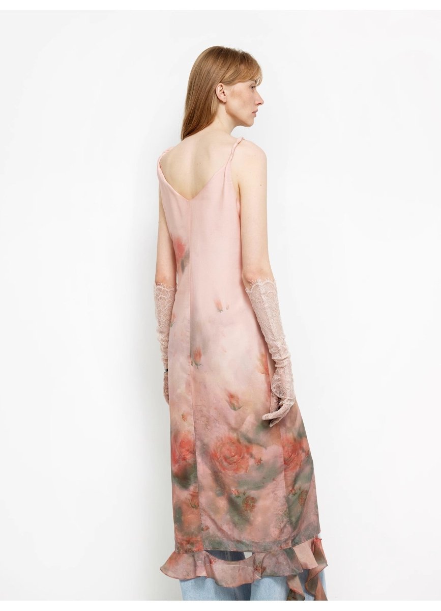 Silk V - Neck Ruffled Draped Twist Strap Summer Dress "Rosy Ombre" - The PM Edit