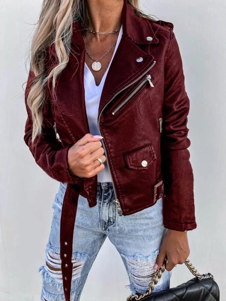 Belted Zip-Up Faux Leather Moto Jacket - The PM Edit
