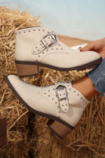 Load image into Gallery viewer, White Faux Leather Studded Pointed Toe Block Heel Ankle Boots
