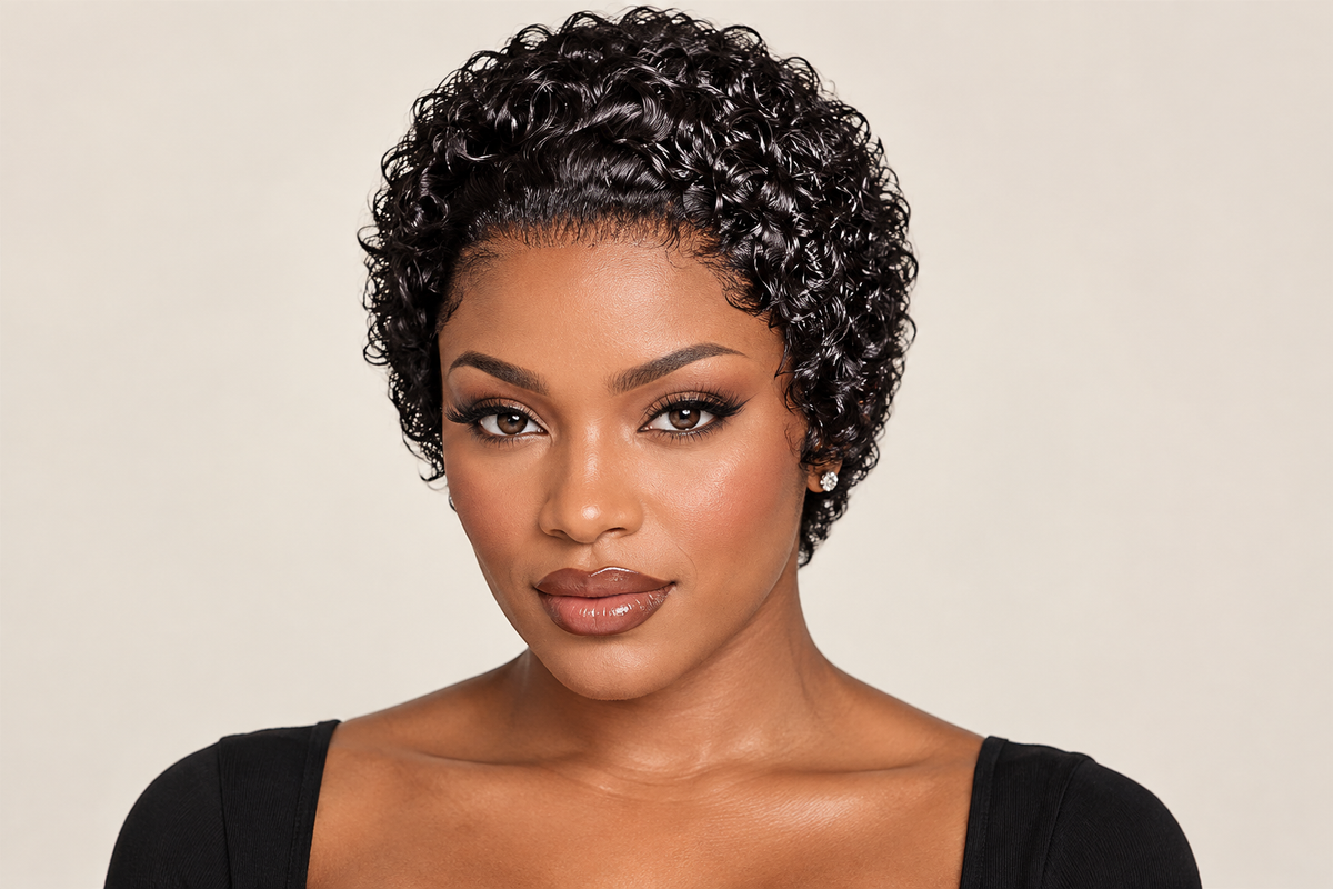 A woman with short, tightly curled black hair wearing a black top, shown from the chest up against a plain light beige studio background.