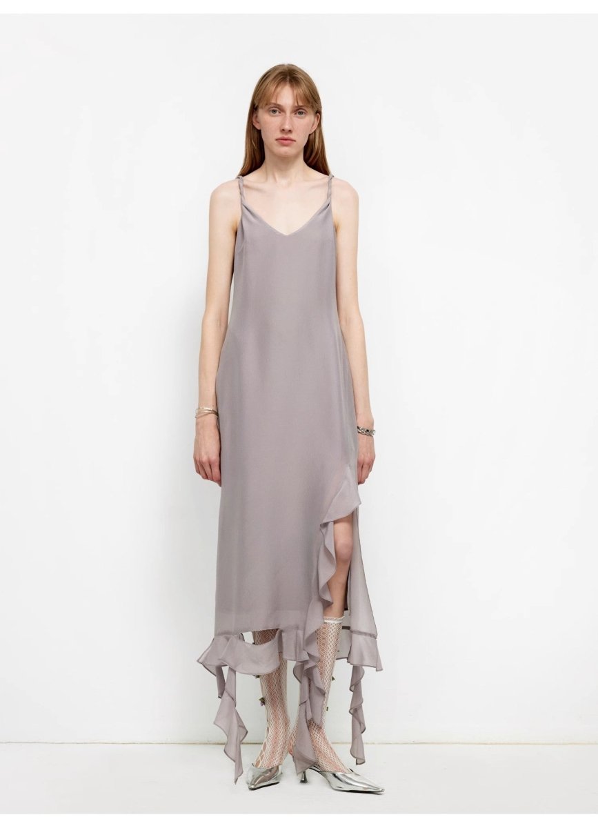 Silk V - Neck Ruffled Draped Twist Strap Summer Dress "Rosy Ombre" - The PM Edit