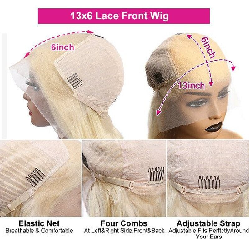 13x6 lace front wig with measurements and features on a white background