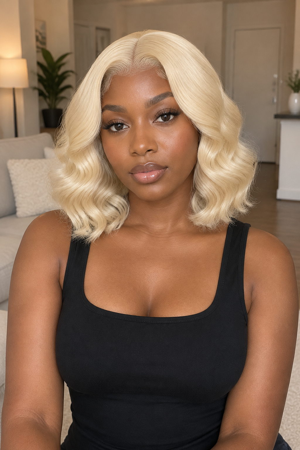  Front portrait view of a short twelve inch sixty one three platinum blonde body wave human hair bob wig with a deep center part by The PM Edit.