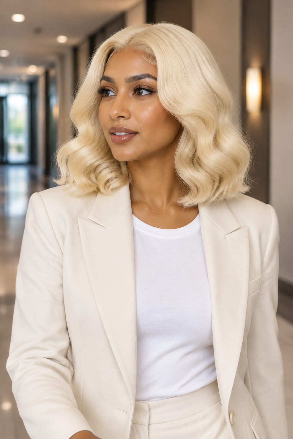 A woman with a platinum blonde wavy wig wearing a cream blazer and white t-shirt, standing in a modern indoor hallway.