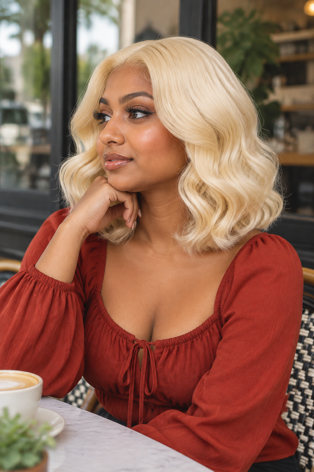 Front portrait view of a short twelve inch sixty one three platinum blonde body wave human hair bob wig with a deep center part by The PM Edit.