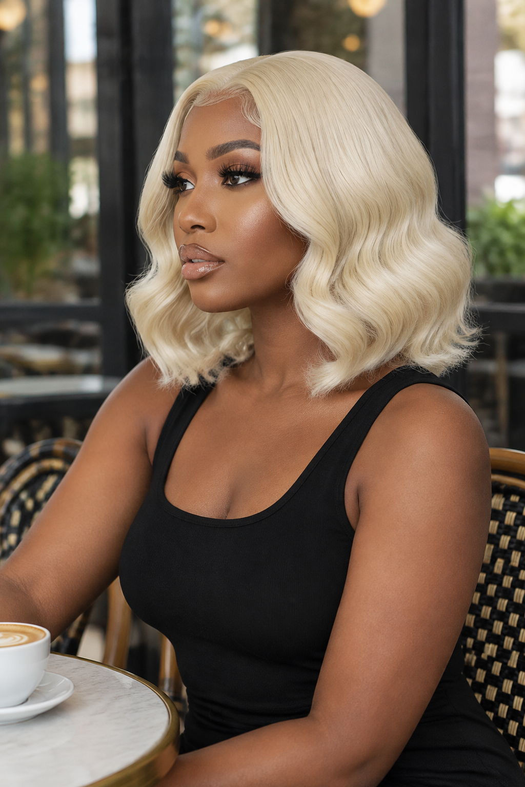  Front portrait view of a short twelve inch sixty one three platinum blonde body wave human hair bob wig with a deep center part by The PM Edit.