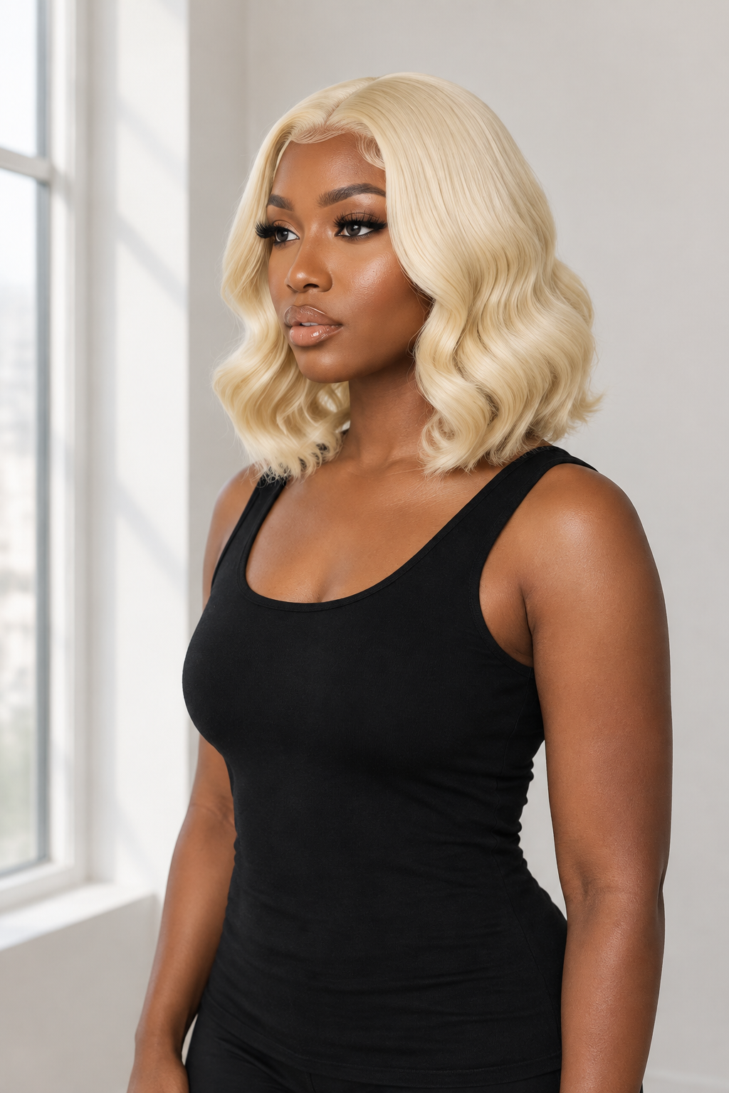 A woman modeling a short, wavy blonde wig with a center part, styled with a black ribbed tank top in a brightly lit room.