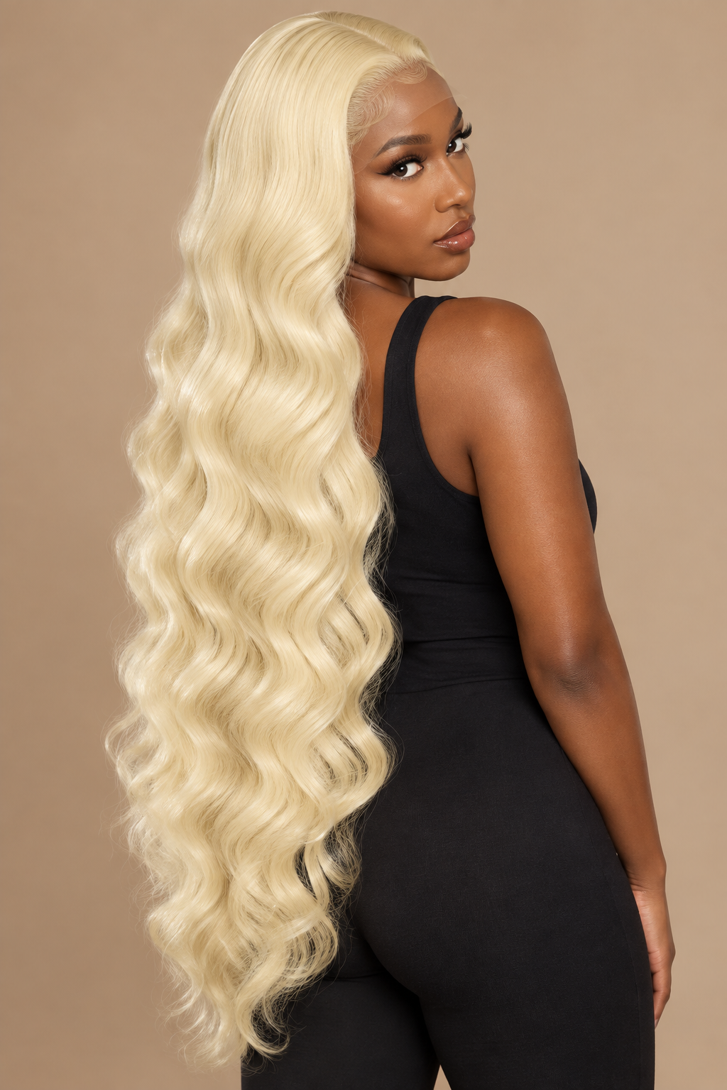 613 blonde body-wave wig back and over-shoulder view