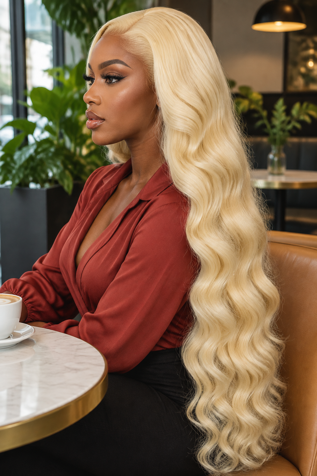 613 blonde body-wave wig seated side profile