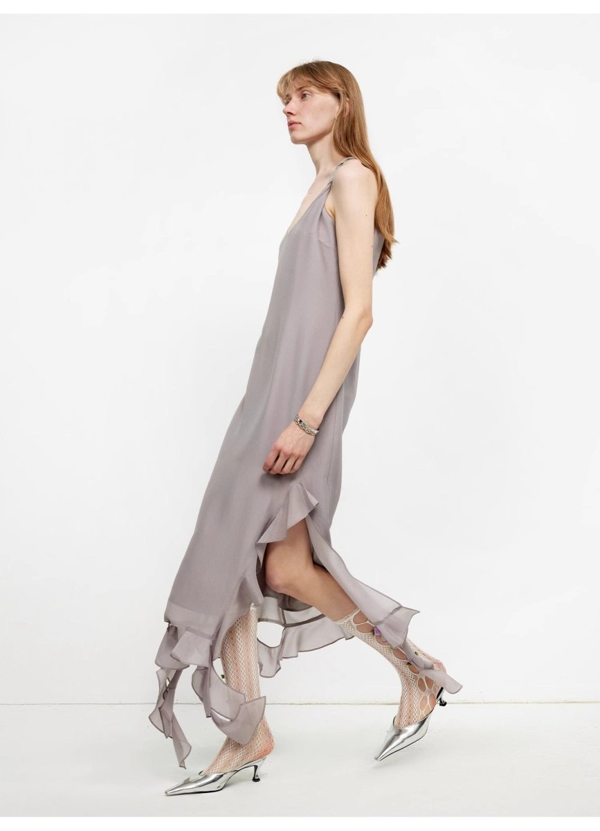 Silk V - Neck Ruffled Draped Twist Strap Summer Dress "Rosy Ombre" - The PM Edit
