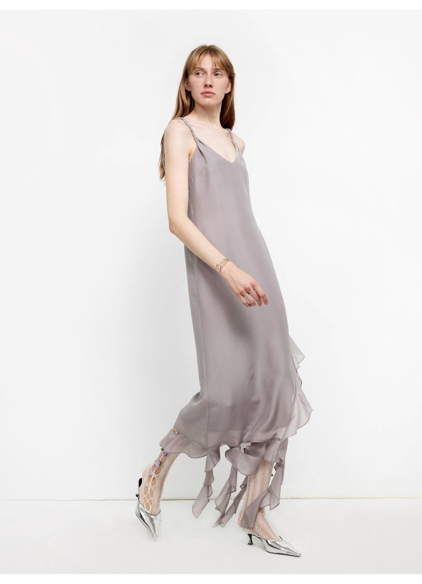 Silk V - Neck Ruffled Draped Twist Strap Summer Dress "Rosy Ombre" - The PM Edit