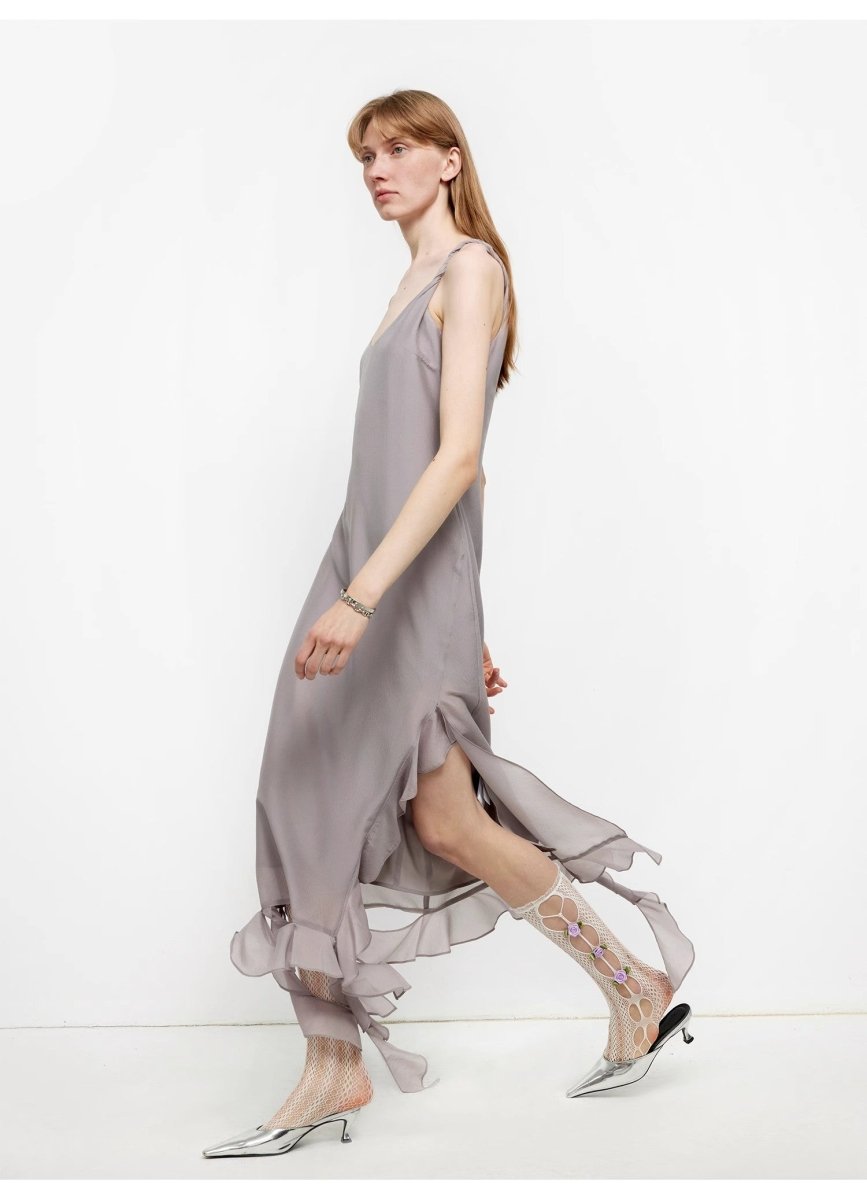 Silk V - Neck Ruffled Draped Twist Strap Summer Dress "Rosy Ombre" - The PM Edit