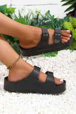 Load image into Gallery viewer, Black Solid Color Buckle Straps Beach Slides Shoes
