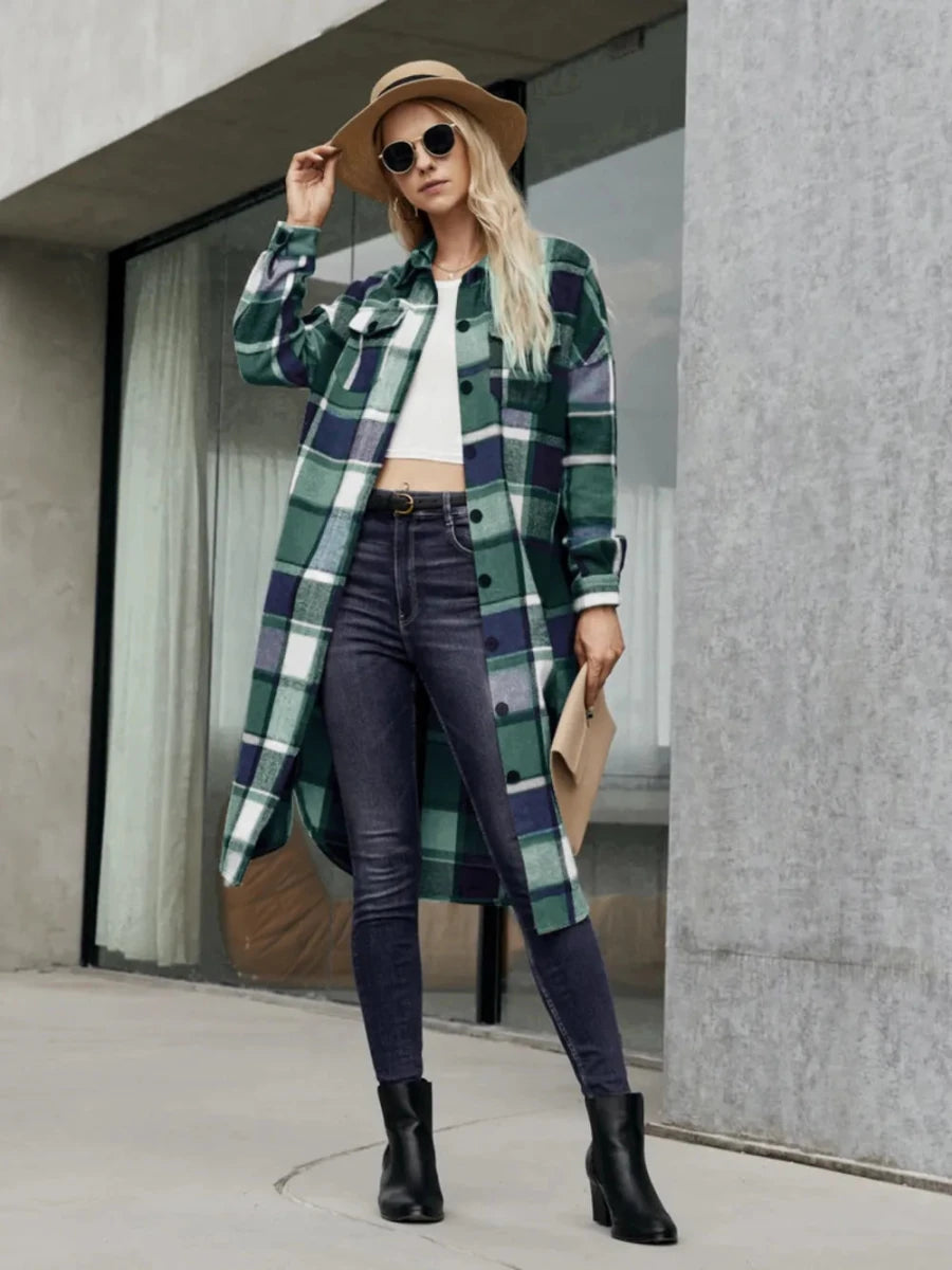 Plaid Pocketed Button Up Trench Coat - The PM Edit