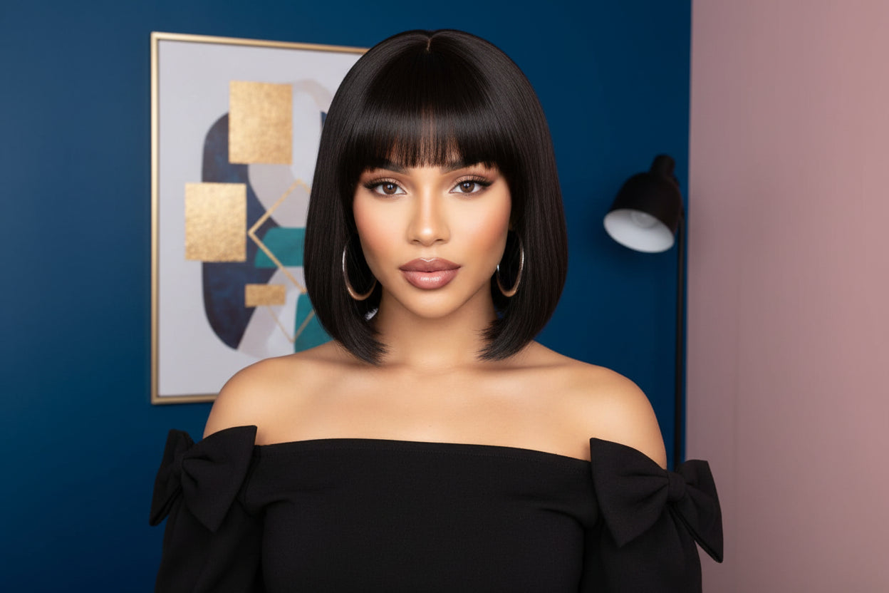 12 Inch Realistic Yaki Straight Bob With Bangs 2x1 Minimalist Lace Wig 150% Density