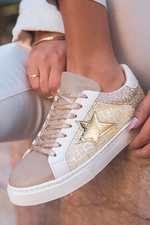 Load image into Gallery viewer, Gold Glitter Star Patchwork Leather Lace-up Sneakers
