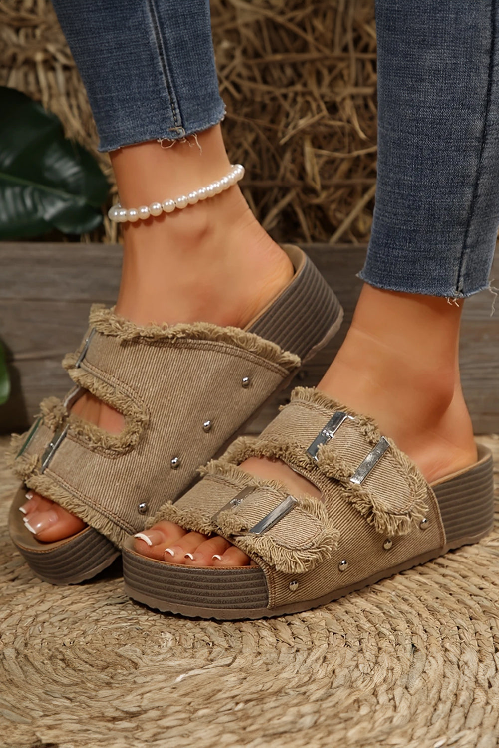 Frayed Denim Double Buckle Platform Slides | Boho Retro Sandals
